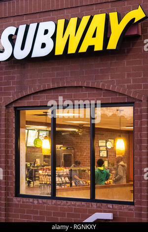 Subway fast food restaurant, known for its footlong submarine sandwiches, in Lilburn, Georgia. (USA) Stock Photo