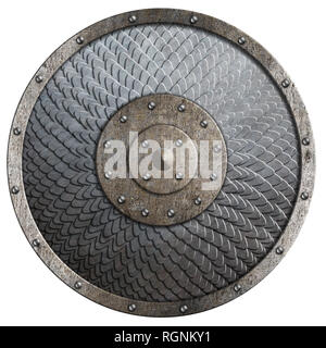 Round rustic metal shield covered by scales isolated 3d illustration Stock Photo