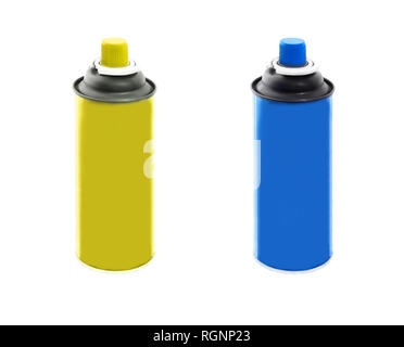 Set of blue and yellow plastic containers isolated on white background Stock Photo