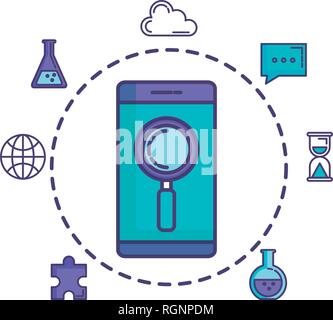 smartphone with magnifying glass and set icons Stock Vector
