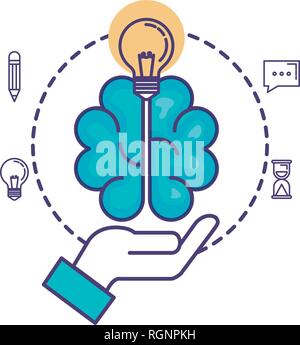 hand lifting bulb light and brain with business icons Stock Vector