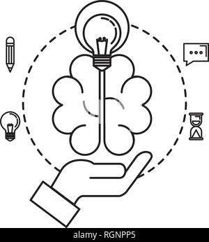hand lifting bulb light and brain with business icons Stock Vector