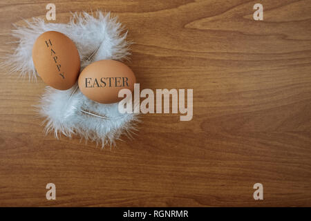 2 chicken eggs undyed on white feathers on wooden plate. happy easter.jpg Stock Photo