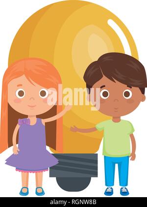 little kids students couple with bulb Stock Vector