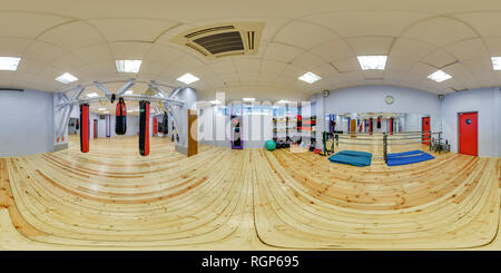 360 degree panoramic view of MINSK, BELARUS - APRIL, 2017: panorama 360 angle view in interior gymnastics boxers with punching bag and dumbbells. full 360 degree seamless panorama