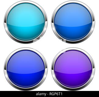 Blue glass buttons. Shiny round 3d web icons Stock Vector