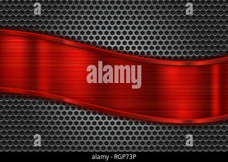 Metal perforated background with red shiny wave plate Stock Vector