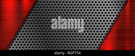 Metal perforated 3d texture with red elements Stock Vector