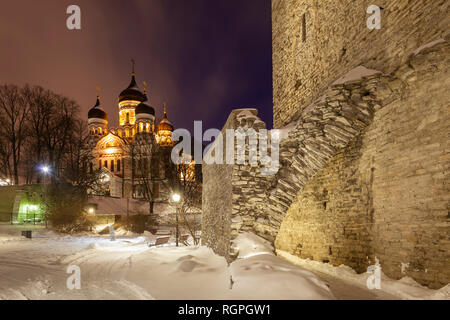 Winter night at Tallinn city walls, Estonia. Stock Photo