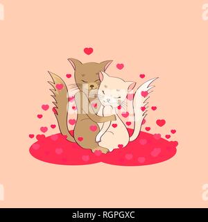 Lovely couple of cats and heart hand drawn style, Cute cartoon