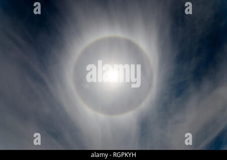 22 Degree Halo, a ring of light 22 degrees from the sun, created when the sun light passes through ice crystals found in upper level cirrus clouds Stock Photo