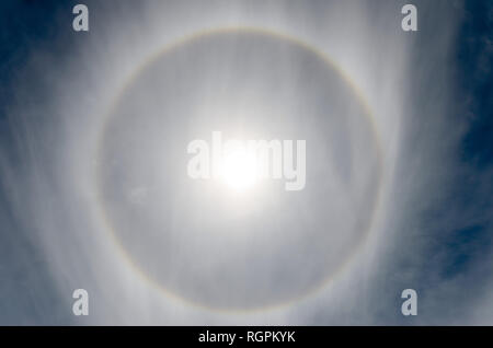 22 Degree Halo, a ring of light 22 degrees from the sun, created when the sun light passes through ice crystals found in upper level cirrus clouds Stock Photo