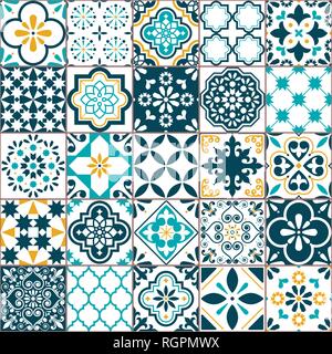 Lisbon Azujelo vector seamless tiles design - Portuguese retro pattern in turqouoise and yellow, tile big collection Stock Vector