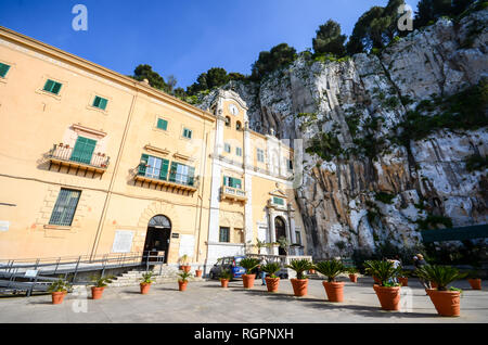 Sanctuary of Saint Rosalia with the holy cave, built on the side of a rocky cliff on top of Monte Pellegrino in Palermo, Sicily, Italy Stock Photo