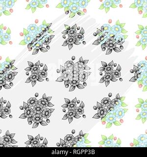 Color floral background with pastel color daisies and black and gray brush path Stock Vector