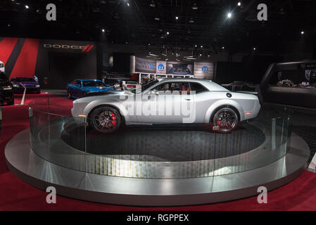 DETROIT, MI/USA - JANUARY 14, 2019: A 2019 Dodge SRT Challenger Hellcat car at the North American International Auto Show (NAIAS). Stock Photo