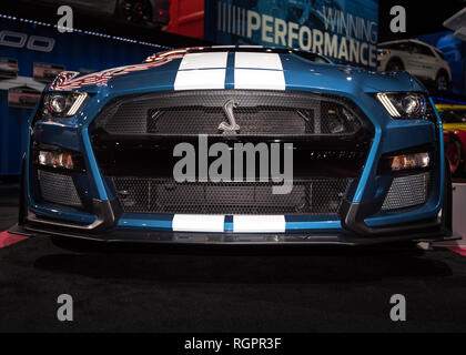 DETROIT, MI/USA - JANUARY 15, 2019: Close-up of a 2020 Ford Shelby Cobra Mustang GT500 grill, at the North American International Auto Show (NAIAS). Stock Photo