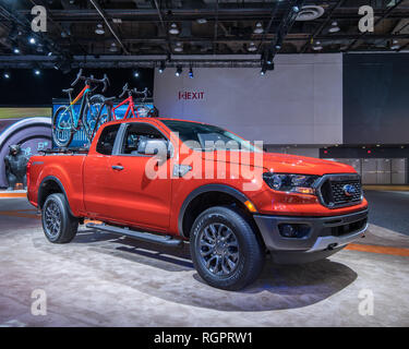 DETROIT, MI/USA - JANUARY 15, 2019: A 2019 Ford Ranger XLT Sport truck with mountain bikes at the North American International Auto Show (NAIAS). Stock Photo