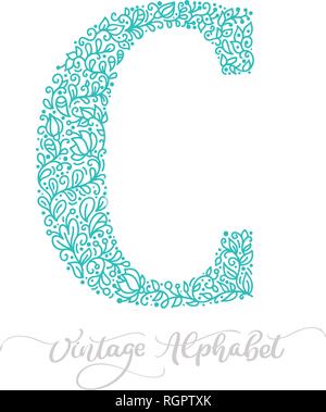 Vector monoline Letter C Logo Concept Icon. Turquoise hand drawn illustration isolated on white background Stock Vector
