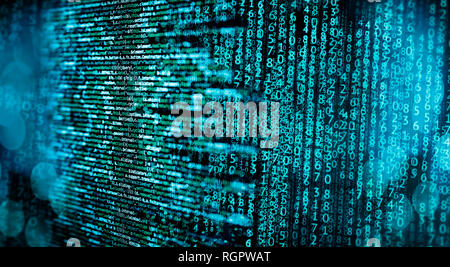 Programming code with matrix and abstract technical background in blue Stock Photo