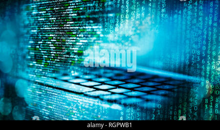 Programming code with matrix, computer and abstract technical background in blue Stock Photo