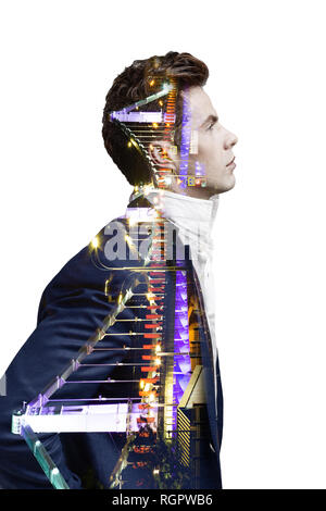 Double exposure effect of office man and panoramic modern city skyline. Business concept, information, communication, connection technology. Stock Photo
