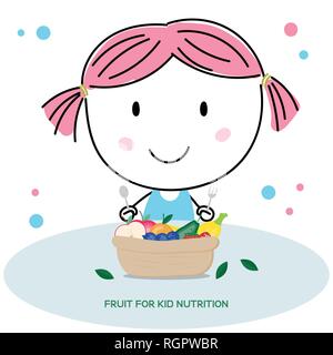Simple hand drawing cute kid cartoon eating fruits (avocado,strawberry,blueberry,banana,apple,orange). A most popular fruits world most nutrition frui Stock Vector