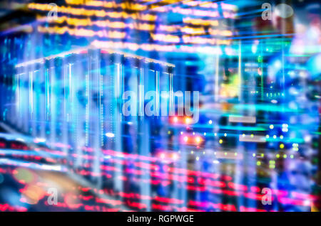 Abstract technology background with program code, server racks and many lights Stock Photo