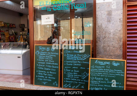 Boards with daily specials in front of a tapas bar in Santa Cruz de La Palma Stock Photo