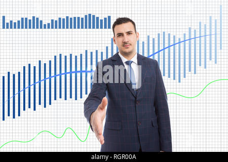 Serious broker offering handshake as increase in business stock market charts with white background as business concept Stock Photo