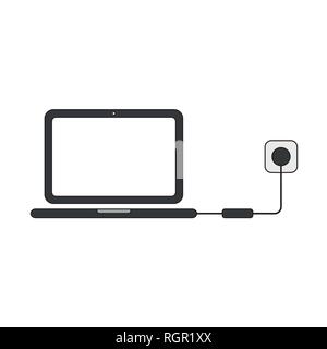 Flat design style vector illustration concept of laptop computer symbol icon charging with charger, pulg and outlet on white background. Colored, blac Stock Vector
