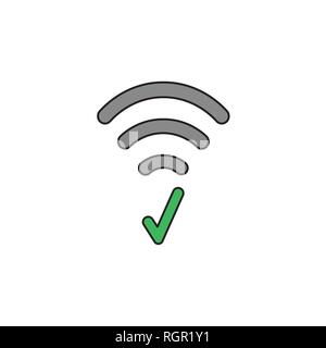 Flat design style vector illustration concept of wifi symbol icon with check mark on white background. Colored, black outlines. Stock Vector