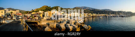 Panoramic view of the colorful Lipari harbor at sunrise in the Aeolian Islands Archipelago, Sicily, Italy Stock Photo