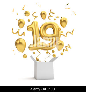 Happy 19th birthday gold surprise balloon and box. 3D Rendering Stock Photo