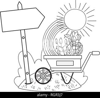 cute wheelbarrow gardening with flowers and rainbow Stock Vector