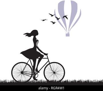 young woman riding bike with  hot air balloon in behind Stock Vector