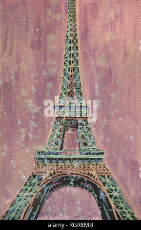 Fine art watercolor painting of the Eiffel Tower at sunset in Paris, France Stock Photo