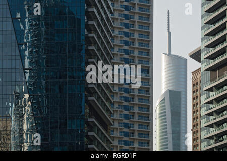 DUBAI, UAE - February 14, 2018: View of the skyscraper Almas tower in morning light in Dubai Marina, UAE Stock Photo