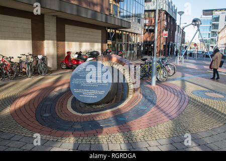 HG Wells literary heritage trail with sculptures of a landing pod and a martian tripod from War of the Worlds, Woking town centre, Surrey, UK Stock Photo