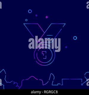 Medal Vector Line Icon. First Place Gradient Symbol, Pictogram, Sign. Dark Blue Background. Light Abstract Geometric Background. Related Bottom Border Stock Vector