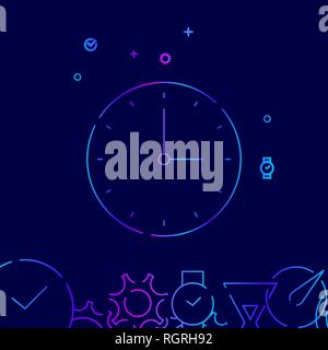 Round Classic Wall Clock Vector Line Icon. Clock Face Gradient Symbol, Pictogram, Sign. Dark Blue Background. Light Abstract Geometric Background. Stock Vector