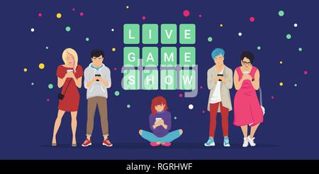 Live game show mobile app concept flat vector illustration of online quiz. Group of teenagers using mobile smartphone app answering trivia questions a Stock Vector