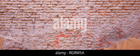 Old weathered bricks wall background texture, brown color. Vintage plastered and painted wall, aged and faded, banner Stock Photo