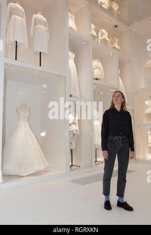 A room full of white voiles made for planning dress designs on show at the 'Christian Dior: Designer of Dreams' exhibition at the Victoria and Albert  Stock Photo