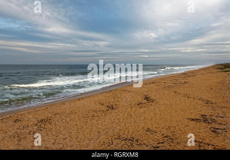 sand beach, Atlantic Ocean, waves, interesting sky, seascape, scenic, nature, blue, tan, North Peninsula State Park, Ormond by the Sea; FL, Florida; a Stock Photo