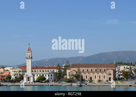 ZAKYNTHOS, GREECE - AUGUST 23, 2018: View of Zakynthos town port and Saint Dionysios church. Ionian islands. Stock Photo