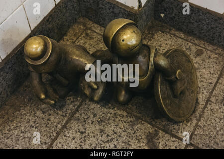 New York, USA - May 30, 2018: Life Underground bronze statues, a permanent public artwork created by American sculptor Tom Otterness for the 14th Stre Stock Photo