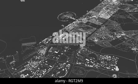 Satellite map of Dubai, United Arab Emirates, city streets. Street map and map of the city center. 3d rendering. 3d buildings Stock Photo