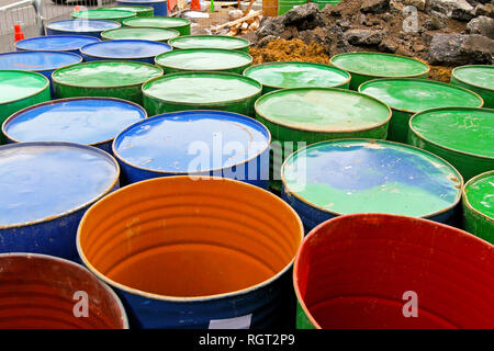 Large group of standard metal oil barrels Stock Photo