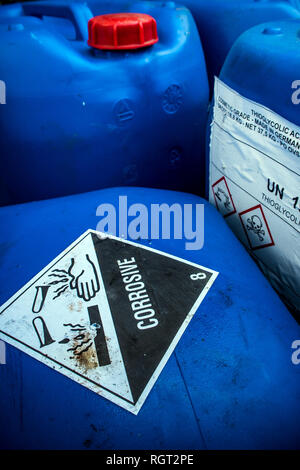 Transport index of corrosive material at the acid container Stock Photo